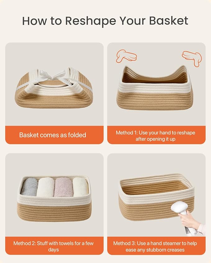 KALLAX Small Woven Basket, 12 x 8 x 4.5 Inches, Storage Basket for Organizing, Cute Small Rope Shelf Closet Cube Storage Bins Baskets for Shelves, Dog Toy Gift Baskets Empty, 3 Pack White & Brown-BubblyBeeBaby