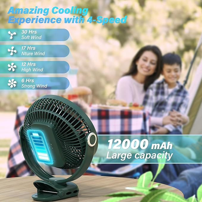 12000mAh Clip on Fan 30H Longest Runtime, 8in Portable Fan Rechargeable, Ultra Quiet with Heavy-Duty Clamp, USB Desk Fans for Golf Cart,Office Desk, Treadmill, Camping, Bedroom-BubblyBeeBaby