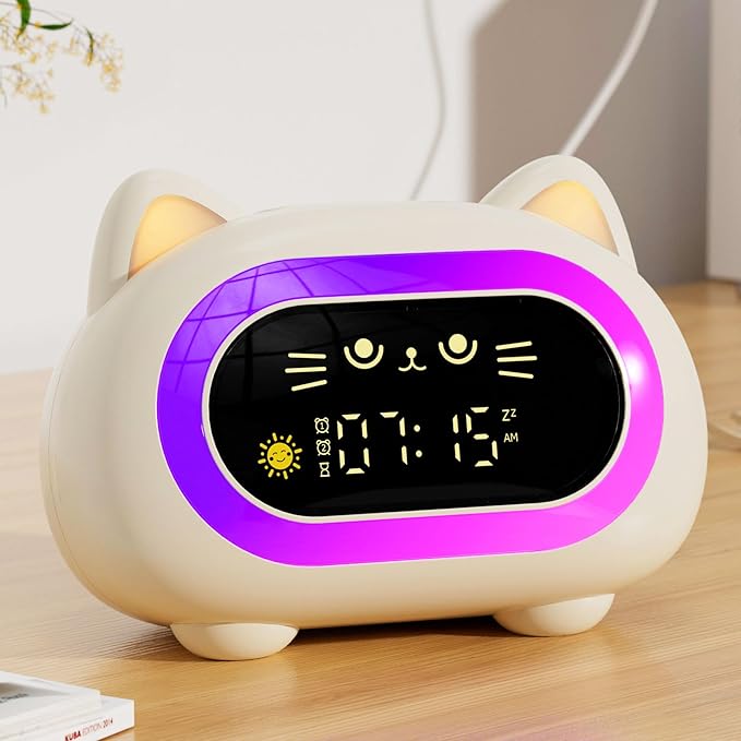 Honesorn Alarm Clock for Kids, Ok to Wake Clock for Kids, Cute Cat Kids Alarm Clock for Girls Boys Toddler, Kids Clock with 10 Night Lights, 7 Soothing Sounds, Auto-Off Timer, Child Lock, Cream White-BubblyBeeBaby