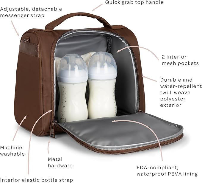 JuJuBe Insulated Bottle Bag, Breastmilk Storage Bag for Baby Bottles, Travel Insulated Lunch or Cooler with Handle, Waterproof Lining for Nursing, Milk, Food, Baby Formula, Snacks, Daycare, Espresso-BubblyBeeBaby