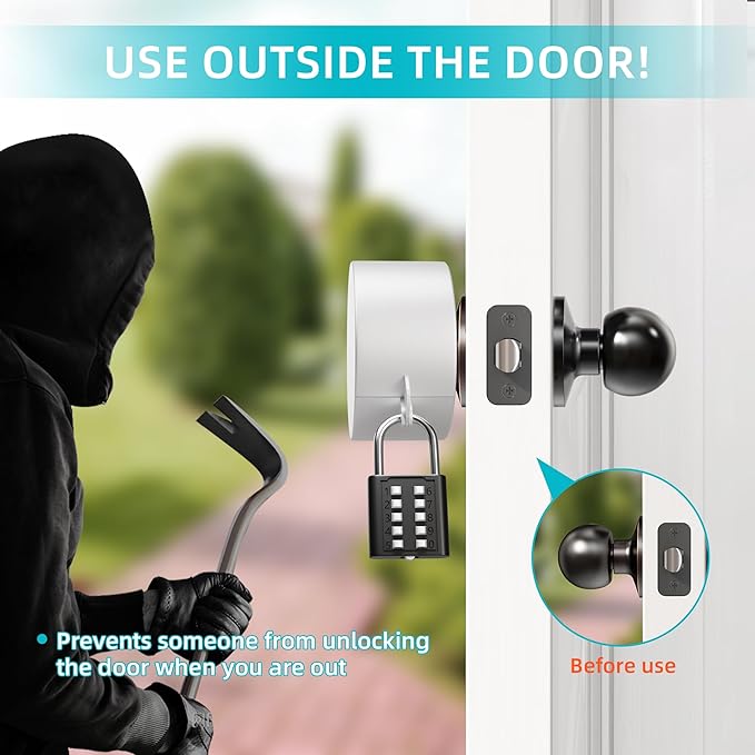 2 Pack Door Knob Lockout Device, Door Knob Cover Lock, Child Proof Door Knob Covers with Combination Padlock, Door Handle Lock for Dementia Elderly Safety, Temporary Door Lock -White-BubblyBeeBaby