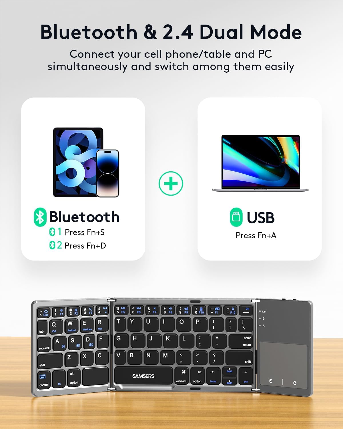 Samsers Multi-Device Foldable Bluetooth Keyboard with Touchpad Rechargeable Dual-Mode(2.4G+BTx2) Wireless Keyboard with Holder, Portable Ultra Slim Folding Keyboards for Android Windows iOS Mac OS