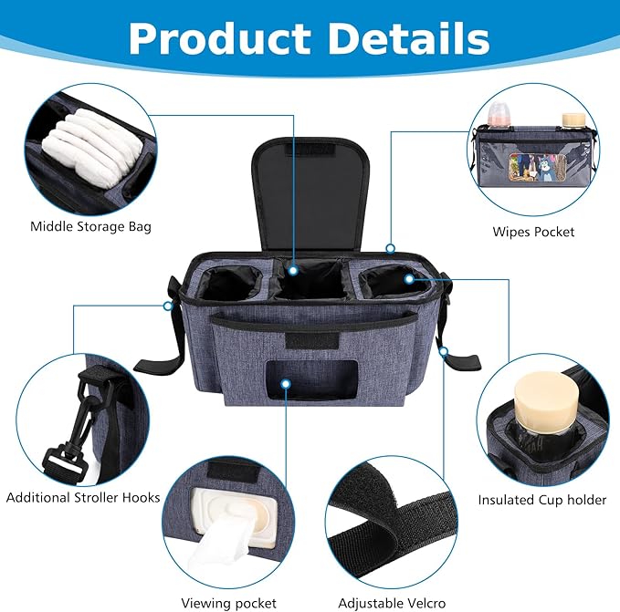Accmor Universal Stroller Organizer with Insulated Cup Holder and Shoulder Strap, Stroller Bag Caddy Organizer Stroller Accessories for Uppababy, Baby Jogger, Nuna, Doona, Britax Strollers-BubblyBeeBaby