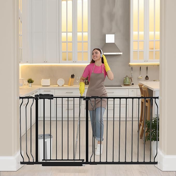 HOOEN 30" Tall Extra Wide Baby Gate for Doorways Stairs 62 to 67 Inch Large Long Pressure Monuted Dog Gate Black Tension Baby Gate Walk Through Safety Gate for Kids or Pets-BubblyBeeBaby