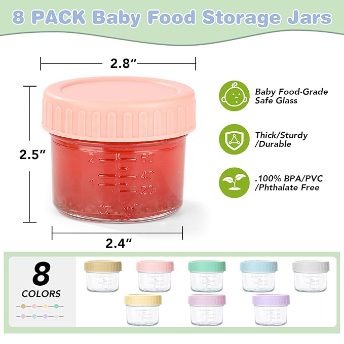 8 Pack Glass Baby Food Storage Containers, 4 oz Leakproof Baby Food Jars with Lids, Small Glass Food Containers for Infant Baby, Freezer Safe-BubblyBeeBaby