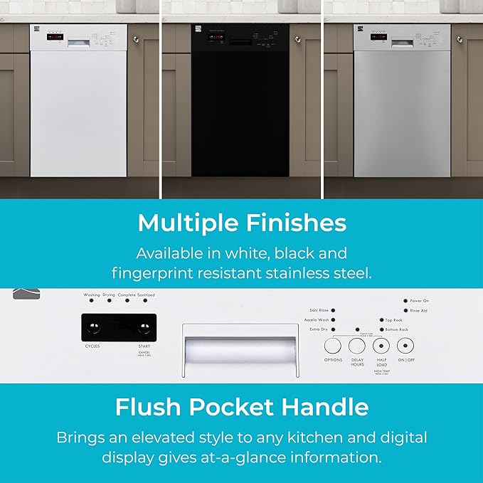 Kenmore 18" Built-in Stainless Steel Tub Dishwasher EasyFlex 3rd, SmartWash, UltraWash Plus, TurboDry, MoreSpace Adjustable Rack, Energy Star Certified, White-BubblyBeeBaby