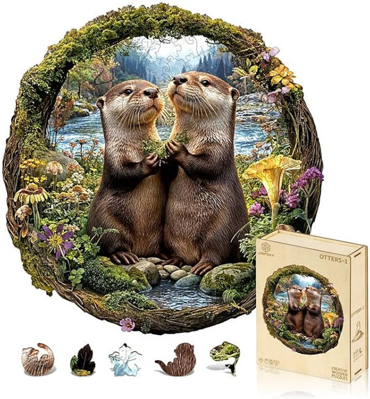 Jigfoxy Wooden Puzzles for Adults, Otter Couple Wood Puzzles Adult, Unique Animal Shape Wooden Jigsaw Puzzles for Adults, Birthday Gifts for Puzzle Lovers Family Friend (L-12.9 * 13.4in-261pcs)-BubblyBeeBaby