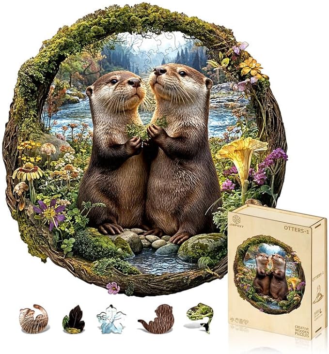 Jigfoxy Wooden Puzzles for Adults, Otter Couple Wood Puzzles Adult, Unique Animal Shape Wooden Jigsaw Puzzles for Adults, Birthday Gifts for Puzzle Lovers Family Friend (S-8.1 * 8.4in-102pcs)-BubblyBeeBaby