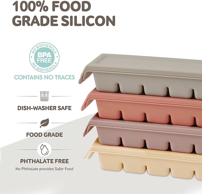 12 Section-0.5oz, Gray 100% Food Grade Silicone Ice Cube Tray Food Container with Airtight Locking Lid, Fruit Vegetable Purees, Breastmilk Storage for Baby & Toddler Food | BPA Free Korea Made-BubblyBeeBaby