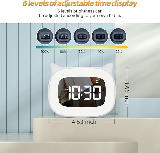 Kids Alarm Clock with Night Light & 18 Ringtones,Rechargeable,Cute Cat Ear Clock for Boys Girls Birthday Presents,Digital Clock for Children's Bedroom(White)-BubblyBeeBaby