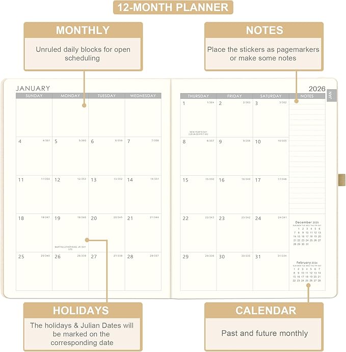 2026 Planner - JAN 2026 - DEC 2026, Planner 2026, Weekly and Monthly Planners, Leather Cover Planners with Thick Paper, Back Pocket with Notes Pages, Seashell Gold (8.5" x 11")-BubblyBeeBaby