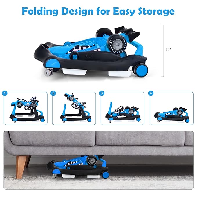 HONEY JOY 4-in-1 Baby Walker, Activity Push Walker w/3 Adjustable Heights, Smooth Wheels w/Adjustable Speed, Padded Seat, Music & Light, Foldable Car Walker for Baby Boys Girls Age 6 Months+ (Blue)-BubblyBeeBaby