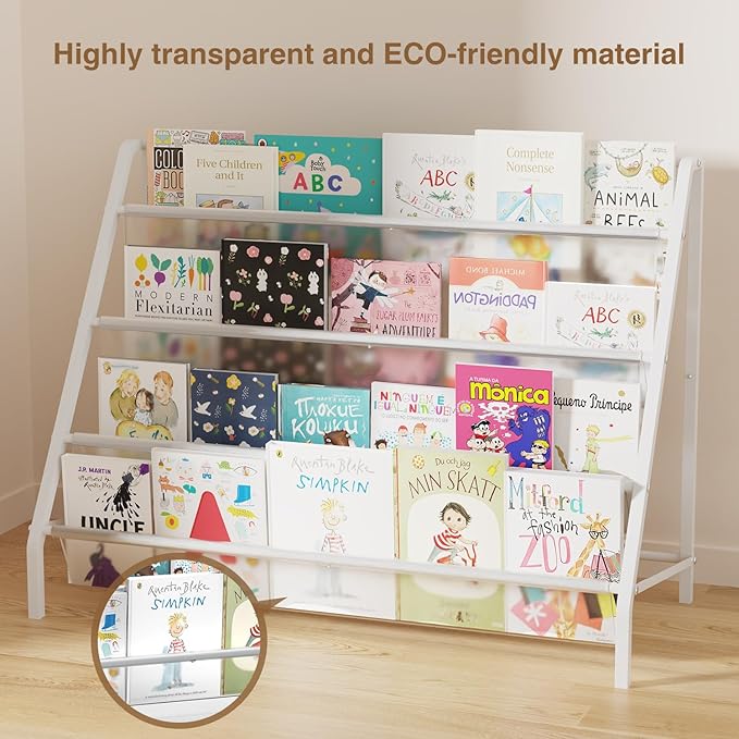 High-Transparent 4 Tier Kids Bookshelf, Sturdy Metal Large Size Book Rack Storage for Kids - Toddler Book Shelf Display for Nurasery, Kids Room, Deep Size Bookshelf Hold More Books-BubblyBeeBaby