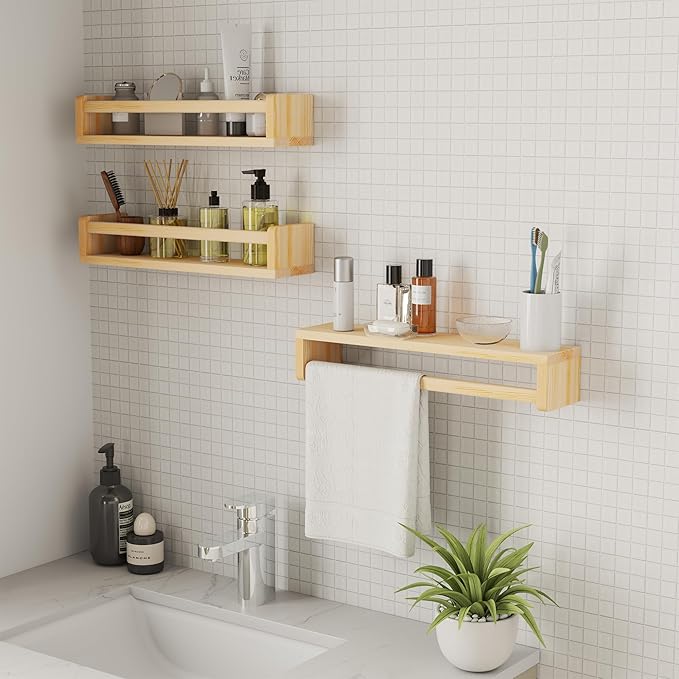 Heimlove Nursery Floating Shelves, Wood Nursery Book Shelves for Wall, 16 inch Wall Bookshelf for Kids Solid Wood Wall Mounted Shelves for Books,Toys and Decor Storage, Set of 3-BubblyBeeBaby