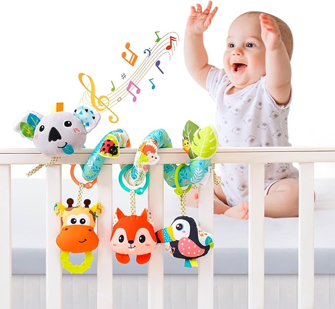 Jollybaby Crib Stroller Car Seat Toys for Baby 0-3-6-9-12 Months, Tummy Time Hanging Sensory Toys for Newborn with Music Box and Teether, Spiral Carseat Toy for Infant Boys Girls Gifts (Grey)-BubblyBeeBaby