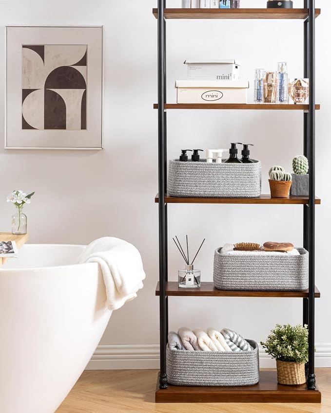 KALLAX Small Woven Basket, 13.5 x 9.5 x 5 Inches, Storage Basket for Organizing, Cute Small Rope Shelf Closet Cube Storage Bins Baskets for Shelves, Dog Toy Gift Baskets Empty, 3 Packs, Mixed Grey-BubblyBeeBaby