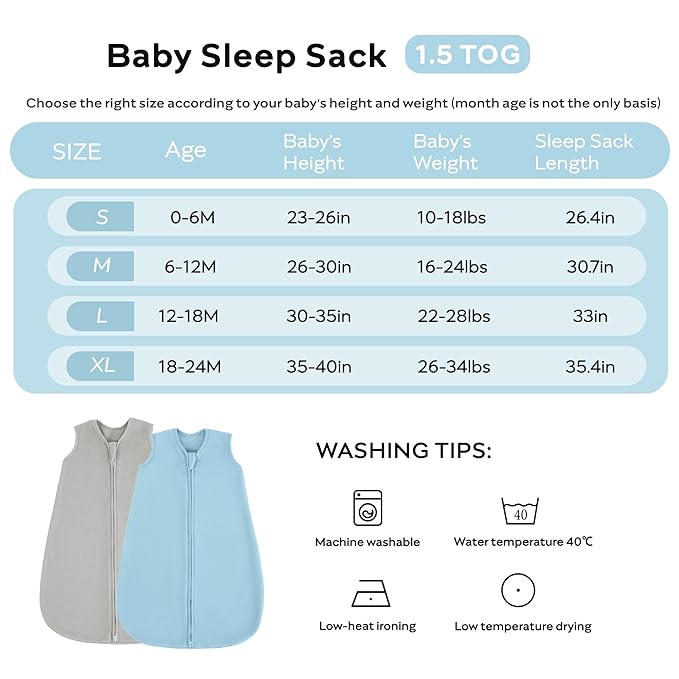 JELLYMONI Fleece Baby Sleep Sack 6-12 Months, 2 Pack 1.5 TOG Baby Wearable Blanket Winter Infant Sleeping sack with 2-Way Zipper, Warm Toddler Sleep Sack-BubblyBeeBaby