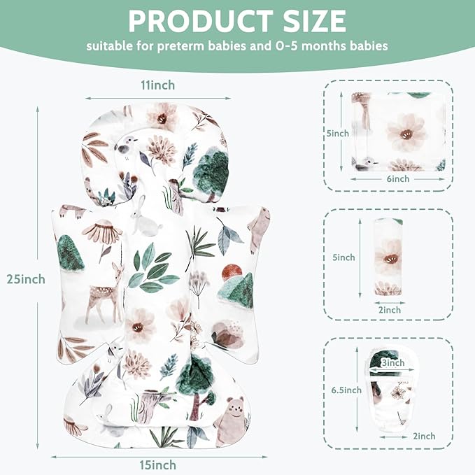 Infant Car Seat Insert and Strap Covers, Very Soft Car Seat Head Support Baby Girl Boy, Reversible Newborn Carseat Insert Cushion Fits for Stroller, Baby Swing, Bouncer (White Animals)-BubblyBeeBaby