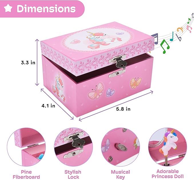 Jewelkeeper Unicorn and Butterfly Themed Jewellery Box Pink for Girls - Wooden Jewelry Box with Velvet Lining for Little Girl's Necklaces and Accessories - Spinning Unicorn Doll, Toys for Girls-BubblyBeeBaby