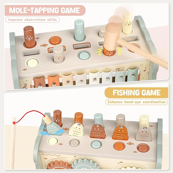Joyreal Wooden Montessori Toys for 1 Year Old - Hammering Pounding Toy with Xylophone & Fishing Game - Educational Toddler Activities for 1 2 3 Year Old Christmas Birthday Gifts-BubblyBeeBaby