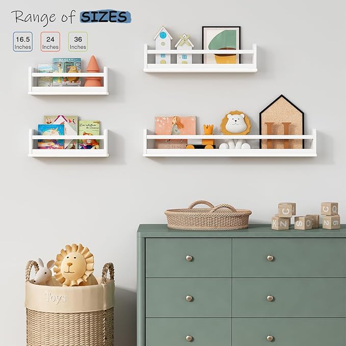 24 Inch White Wall Bookshelf for Kids Room, Floating Nursery Book Shelves Wall Mounted with Lip and Hanging Rod for Baby Girl Boy Bedroom, Large Corner Hanging Children Bookshelves -Set of 3-BubblyBeeBaby