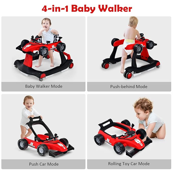 HONEY JOY 4-in-1 Baby Walker, Activity Push Walker w/3 Adjustable Heights, Smooth Wheels w/Adjustable Speed, Padded Seat, Music & Light, Foldable Car Walker for Baby Boys Girls Age 6 Months+ (Red)-BubblyBeeBaby
