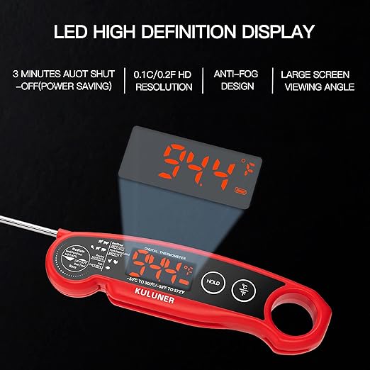 1-Second Rapid and Accurate Meat Thermometer - Waterproof Multifunctional Kitchen Food Thermometer, Ideal for Frying, Smoking, Grilling and More(Red)-BubblyBeeBaby