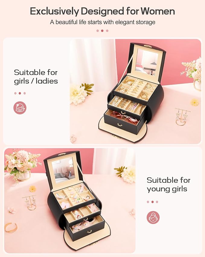 Homde Girls Jewelry Box Jewelry Storage Case Organizer with Mirror for Rings, Earrings, Bracelets, Necklaces (Black + Gold)-BubblyBeeBaby