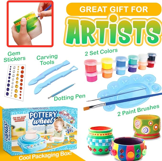 Insnug Mini Kids Pottery Wheel: Complete Painting Kit for Beginners with Modeling Clay and Sculpting Tools, Arts & Crafts Small Banding Wheel for Pottery, Tiny Pottery Wheel for Kids Age 8-12, 10-13-BubblyBeeBaby