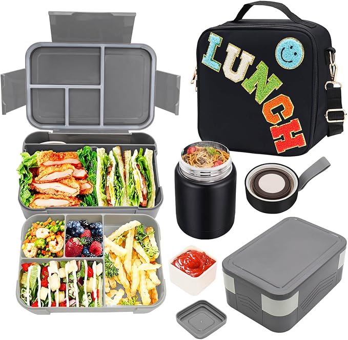 Insulated Lunch Bag for Boys Girls with 10oz Thermo, with 6 Compartment Bento Box, Black Nylon Preppy Lunch Box Adjustable Strap for Boy Girl Kids Teens School Travel Picnic-BubblyBeeBaby