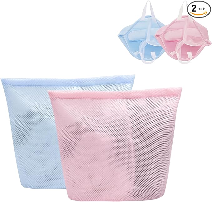 2 Pcs Special Zoning laundry bag for delicates with handles mesh laundry bags washing machine laundry totes travel storage and sorting bag(Pink-Blue)-BubblyBeeBaby