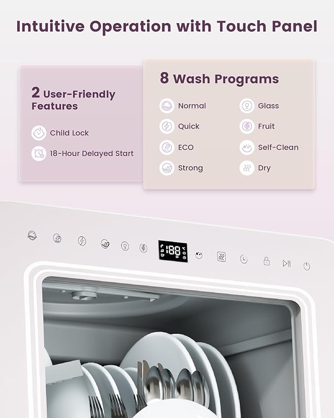 HAVA Countertop Dishwasher with Water Softener and Enhanced Energy Efficiency, Portable Dishwasher with 8 Wash Programs, Child Lock & Delayed Start Function, No Installation Needed - Misty Lilac-BubblyBeeBaby