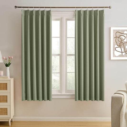KEQIAOSUOCAI Sage Green Pinche Pleat Curtains 45 Inches Long Thermal Insulated Dark Black Out Short Drapery for Bedroom Light Blocking Window Covering Room Darkening Drapes for Nursery 40x45 2 Pieces-BubblyBeeBaby