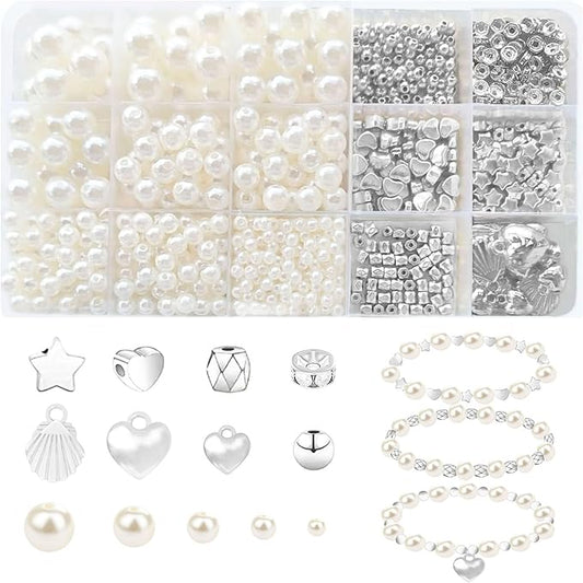 1000Pcs Pearl Beads for Bracelets Making, Pearl Beads for Jewelry Making for Adults, Silver Bracelet Beads DIY Kit, Silver Spacer Beads for Bracelets, Women Friendship Bracelet Making Kit (Silvery)-BubblyBeeBaby