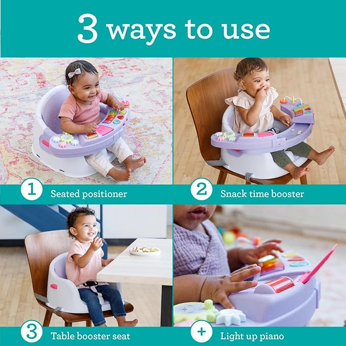 Infantino Music & Lights 3-in-1 Discovery Seat & Booster, Toddler Booster Seat for Dining Table or Kitchen Chair, Baby Activity Center & Snack Tray, Lavender-BubblyBeeBaby