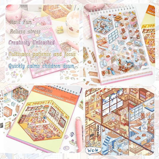 20 Sets DIY 3D Sticker Scenes for Adults with Tweezer, Kawaii 3D House Miniature Sticker Therapy, Make Your Own Mini Room Scene Collection Book for Adult Kids Relief Stress Pass The Time-BubblyBeeBaby