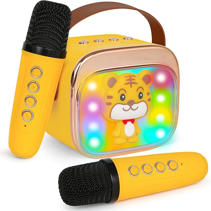 Karaoke Machine for Kids, Portable Mini Karaoke Machine with 2 Wireless Microphones, 4 5 6 7 8 9 10 Years Old Girl Boy Easter Christmas Birthday Gift Tiger Speaker Toys-BubblyBeeBaby