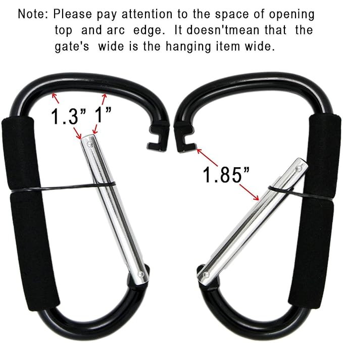 Large Stroller Hooks for Mommy, 2 pcs Carabiner Stroller Hook Organizer for Hanging Purses, Diaper Bag, Shopping Bags. Clip Fits Single/Twin Travel Systems, Car Seats (Black+Rose)-BubblyBeeBaby