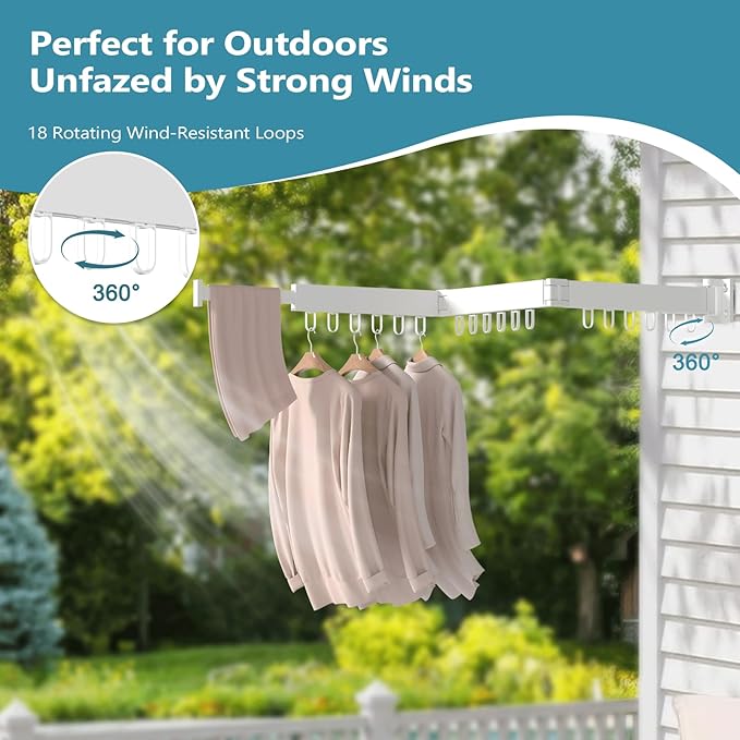 JAUREE Clothes Drying Rack Wall Mounted, Laundry Drying Rack Collapsible, Space Saving Wall Drying Rack Clothing Foldable, Tri-Fold Retractable Rack Outdoor Indoor with 18 Hooks, White-BubblyBeeBaby