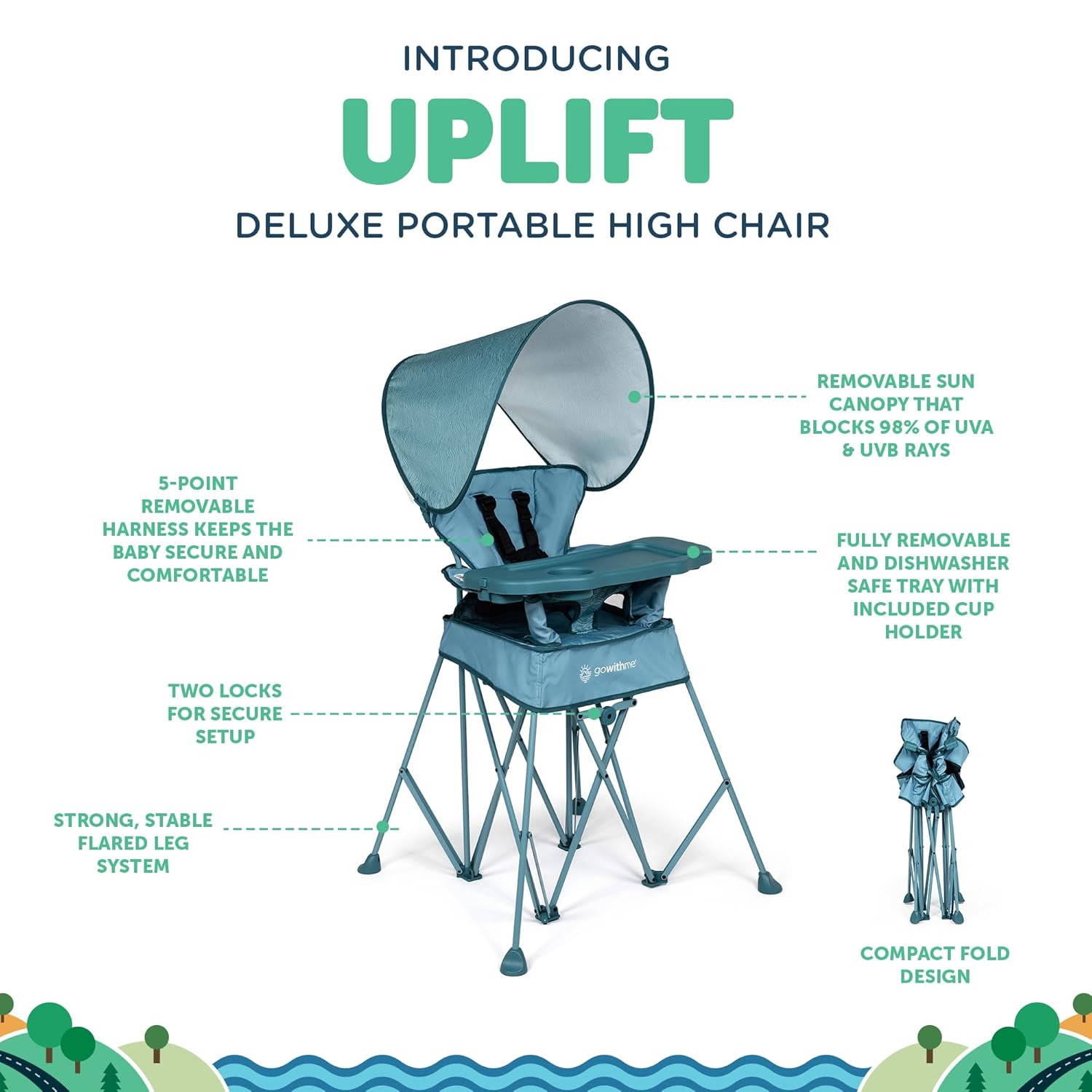 Baby Delight Go with Me Uplift Deluxe Portable High Chair | Travel High Chair | Sun Canopy | Indoor and Outdoor | Blue Wave