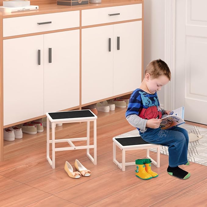 2 Step Stools for Adults Kids, Anti-Slip Sturdy Wooden Foot Stools with 500 Lbs Capacity for High Beds,Closet, Bathroom,Kitchen, Potty Training-BubblyBeeBaby