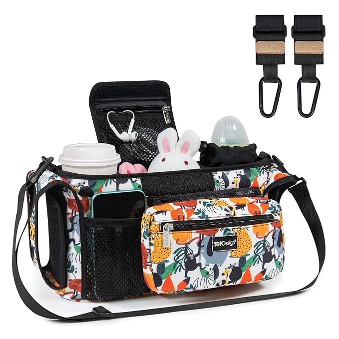 TOPDesign Universal Baby Stroller Organizer, Stroller Caddy with Heightened Insulated Cup Holders & Non-Slip Secure Hooks Accessories, Fits Most Strollers, Machine Washable (Zoo)-BubblyBeeBaby