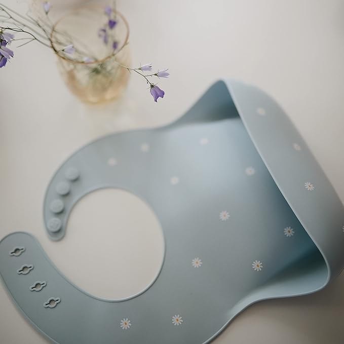 mushie Silicone Baby Bib | Adjustable Fit Waterproof Bibs (White Daisy)-BubblyBeeBaby