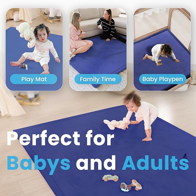 1.3" Thick Baby Play Mat for Floor, 28x72 Foam Tummy Time Mat, Padded Support Soft Plush Bedside Rugs for Infant Kids Toddler Crawling Kick Activity (Royal Blue)-BubblyBeeBaby