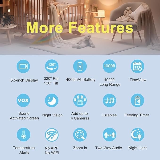 HelloBaby 720P 5.5'' HD Baby Monitor with Camera and Audio No WiFi, Video Baby Monitor, Remote Pan Tilt Zoom Wide View Range, 1080P Infant Camera, Night Light, Hack Proof, 4000mAh Battery, 1000ft-BubblyBeeBaby