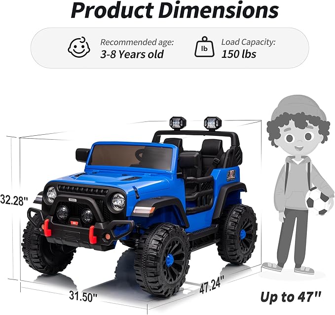 2 Seater Ride on Toy Car for Kids, 24V 4WD Ride-on Truck Kids Electric Car with Remote Control, 4x200W Motors - Blue-BubblyBeeBaby