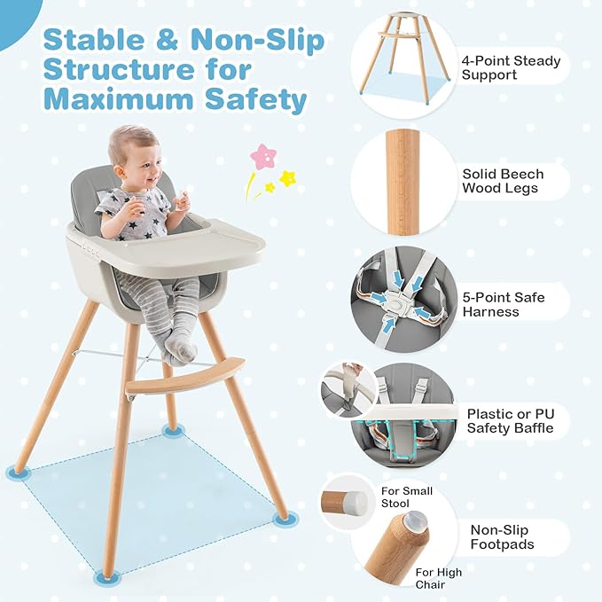HONEY JOY High Chair, 3-in-1 Eat & Grow Wooden Highchair/Toddler Chair with Removable Tray, 5-Point Harness, PU Cushion and Footrest for Baby, High Chair for Babies and Toddlers(Gray)-BubblyBeeBaby