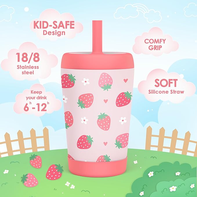 Kid Insulated Stainless Steel Tumbler with Silicone Straw, 12oz Sippy Cup for Kids (Strawberry)-BubblyBeeBaby