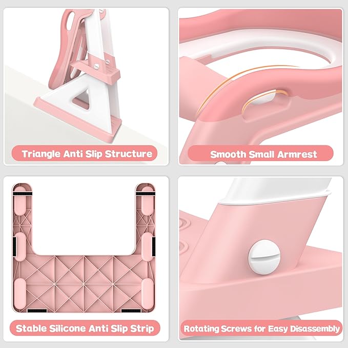 2 in 1 Potty Training Toilet Seat & Toddler Step Stool, Bottom Triangle Stability Toddler Toilet Seat, Adjustable Step & Seat Height Potty Seats for Toddlers Boys Girls (Pink)-BubblyBeeBaby