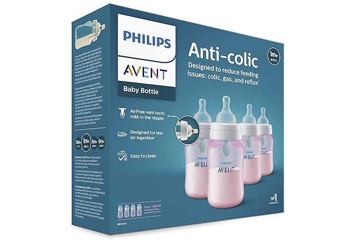 Philips Avent Anti-Colic Baby Bottle with AirFree Vent, 9oz, with Flow 2 Nipples, 1m+, 4pk, Pink, SCY703/14-BubblyBeeBaby